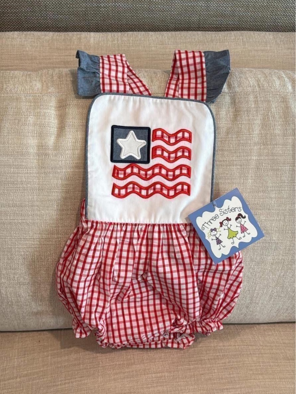 Three Sisters Red Plaid Girls' One-Piece Romper with Star Flag Appliqué